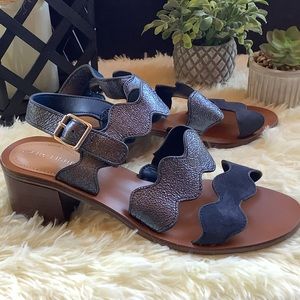 Navy blue metallic heeled sandals